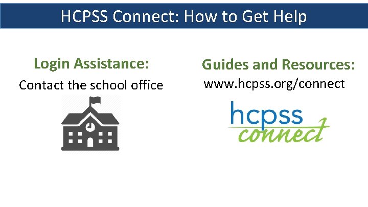 HCPSS Connect: How to Get Help Login Assistance: Guides and Resources: Contact the school