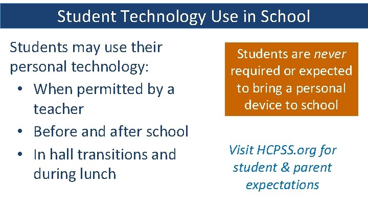 Student Technology Use in School Students may use their personal technology: • When permitted