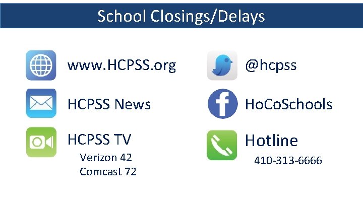 School Closings/Delays www. HCPSS. org @hcpss HCPSS News Ho. Co. Schools HCPSS TV Hotline