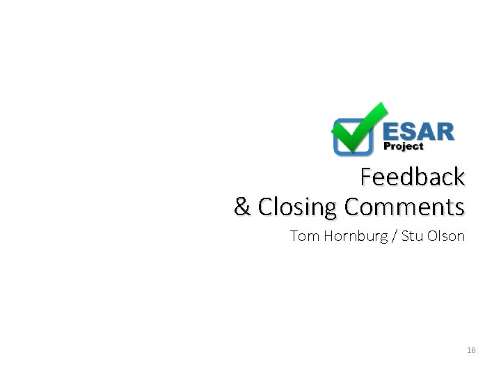Feedback & Closing Comments Tom Hornburg / Stu Olson 18 