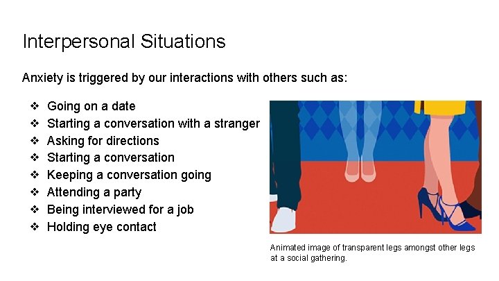 Interpersonal Situations Anxiety is triggered by our interactions with others such as: ❖ ❖