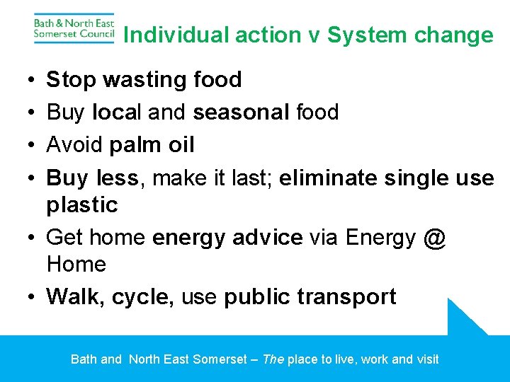 Individual action v System change • • Stop wasting food Buy local and seasonal