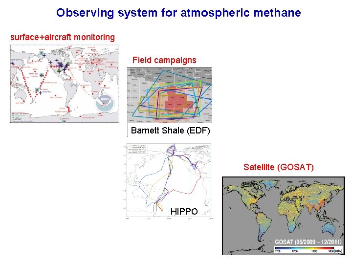 Observing system for atmospheric methane surface+aircraft monitoring Field campaigns Barnett Shale (EDF) Satellite (GOSAT)