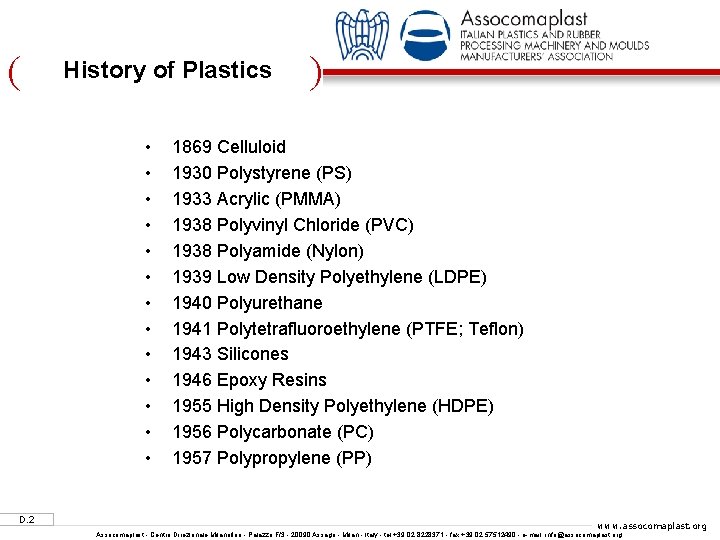 ( History of Plastics • • • • D. 2 ) 1869 Celluloid 1930