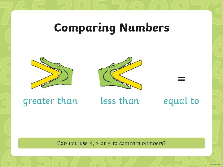 Comparing Numbers = greater than less than equal to Can you use <, >