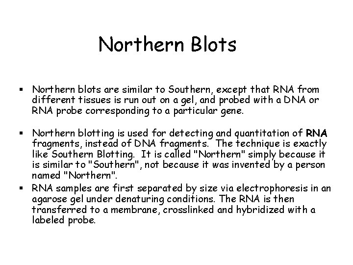 Northern Blots § Northern blots are similar to Southern, except that RNA from different