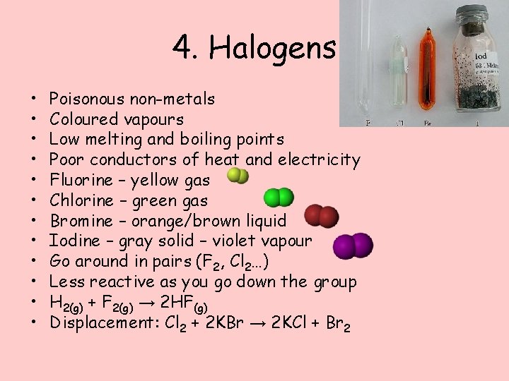 4. Halogens • • • Poisonous non-metals Coloured vapours Low melting and boiling points