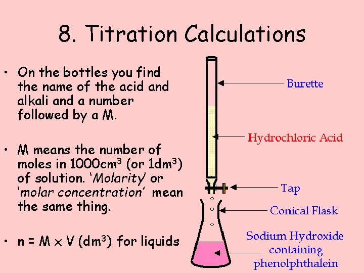 8. Titration Calculations • On the bottles you find the name of the acid