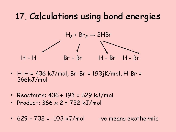 17. Calculations using bond energies H 2 + Br 2 → 2 HBr H–H