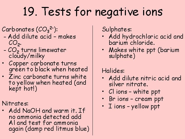19. Tests for negative ions Carbonates (CO 32 -): - Add dilute acid –