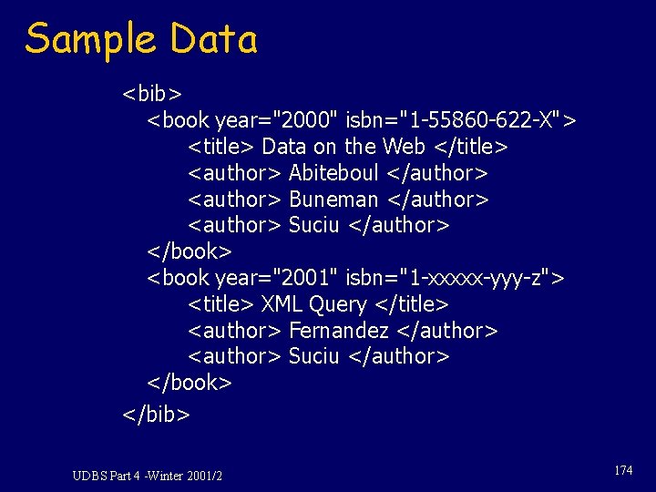 Sample Data <bib> <book year="2000" isbn="1 -55860 -622 -X"> <title> Data on the Web