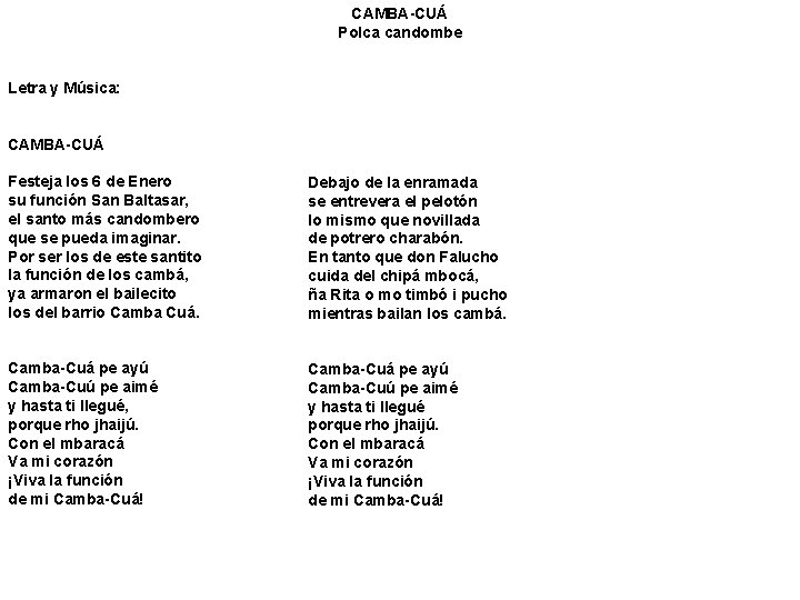 CAMBA-CUÁ Polca candombe Letra y Música: CAMBA-CUÁ Festeja los 6 de Enero su función