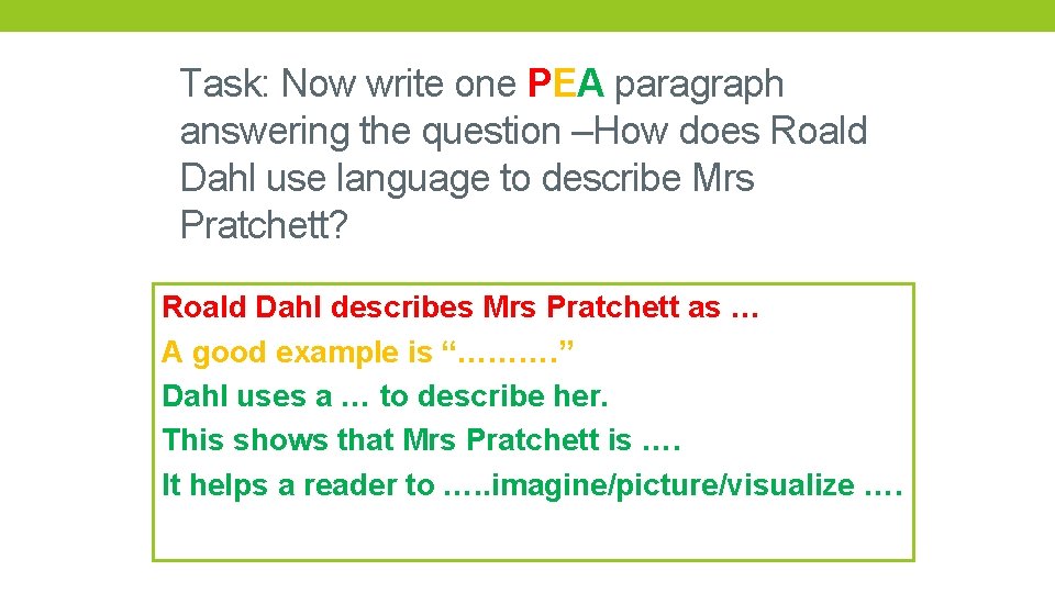Task: Now write one PEA paragraph answering the question –How does Roald Dahl use