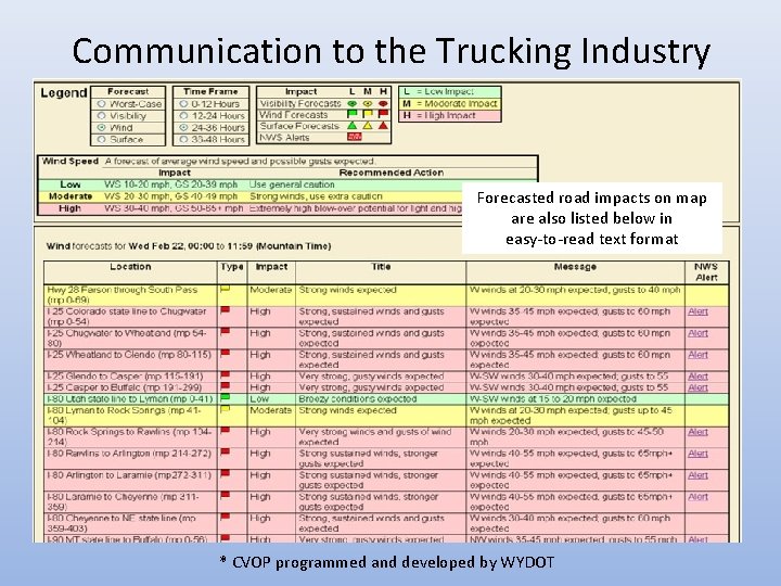 Communication to the Trucking Industry Forecasted road impacts on map are also listed below