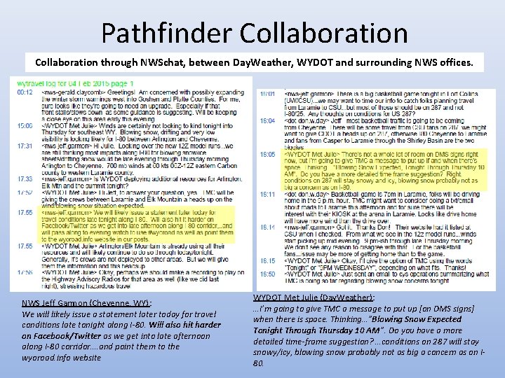 Pathfinder Collaboration through NWSchat, between Day. Weather, WYDOT and surrounding NWS offices. NWS Jeff