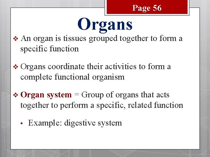 Page 56 v An Organs organ is tissues grouped together to form a specific