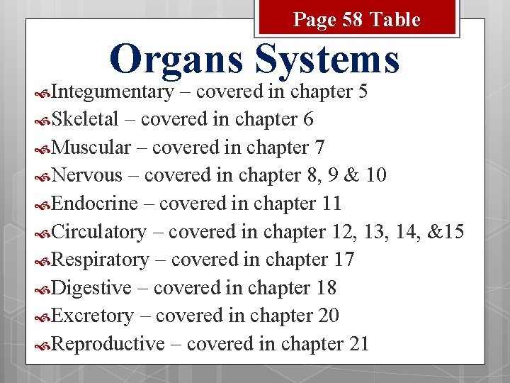 Page 58 Table Organs Systems Integumentary – covered in chapter 5 Skeletal – covered