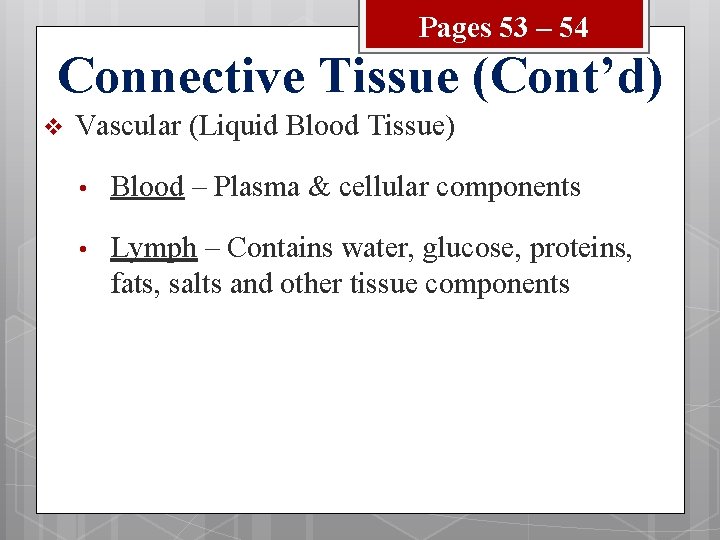 Pages 53 – 54 Connective Tissue (Cont’d) v Vascular (Liquid Blood Tissue) • Blood