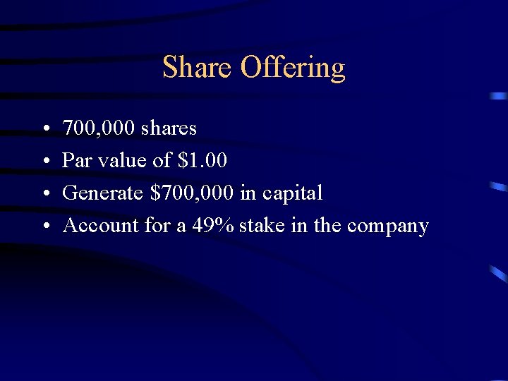 Share Offering • • 700, 000 shares Par value of $1. 00 Generate $700,