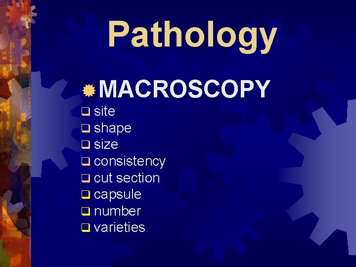 Pathology ®MACROSCOPY q site q shape q size q consistency q cut section q