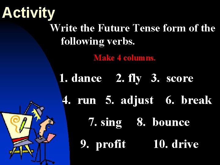 Activity Write the Future Tense form of the following verbs. Make 4 columns. 1.