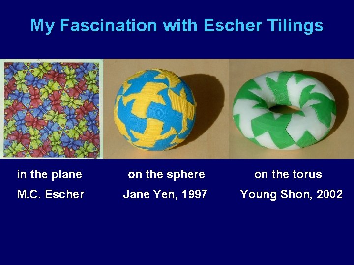 My Fascination with Escher Tilings in the plane on the sphere on the torus