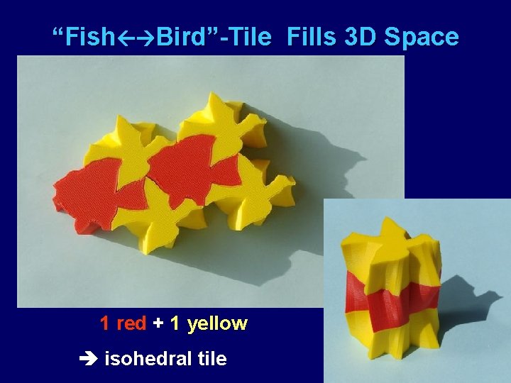 “Fish Bird”-Tile Fills 3 D Space 1 red + 1 yellow isohedral tile 