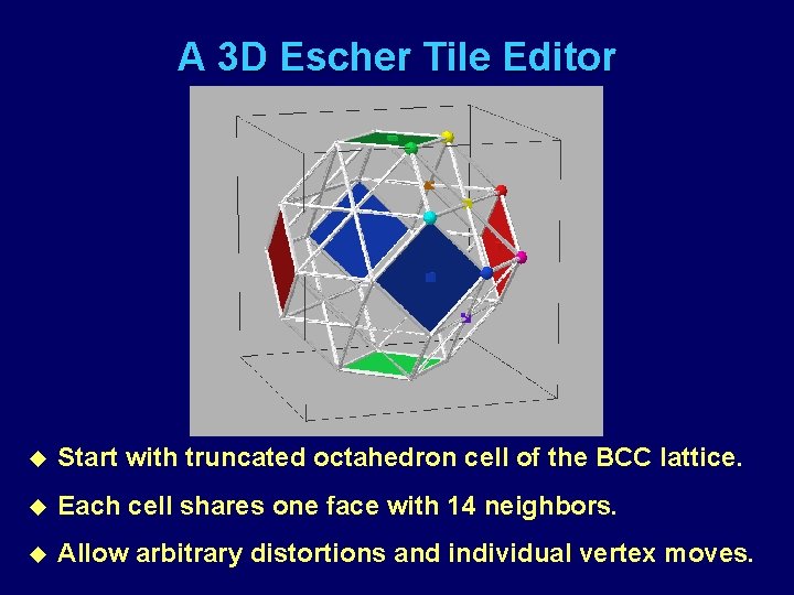 A 3 D Escher Tile Editor u Start with truncated octahedron cell of the