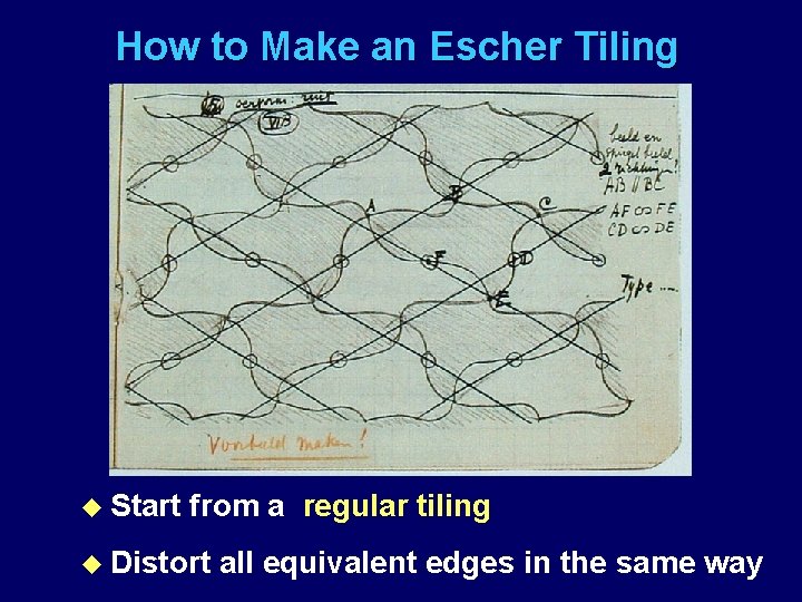 How to Make an Escher Tiling u Start from a regular tiling u Distort