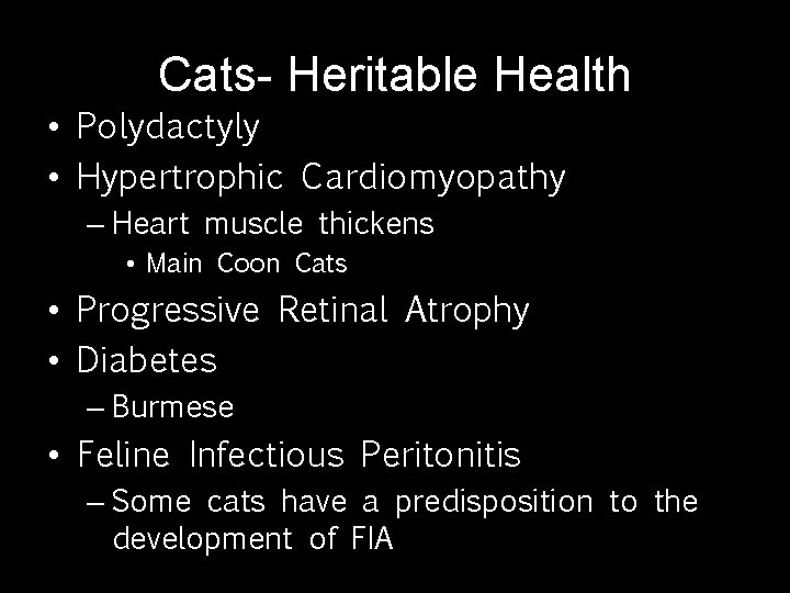 Cats- Heritable Health • Polydactyly • Hypertrophic Cardiomyopathy – Heart muscle thickens • Main