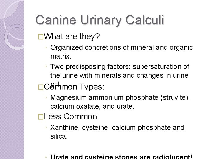 Canine Urinary Calculi �What are they? ◦ Organized concretions of mineral and organic matrix.