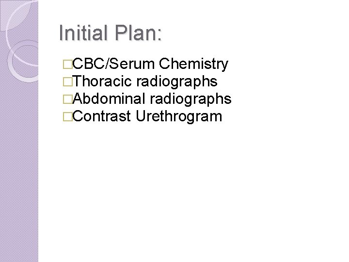 Initial Plan: �CBC/Serum Chemistry �Thoracic radiographs �Abdominal radiographs �Contrast Urethrogram 