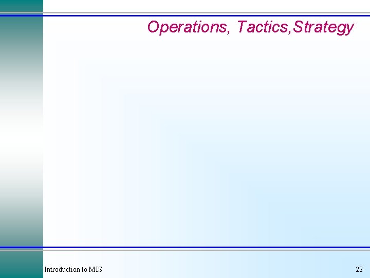 Operations, Tactics, Strategy Introduction to MIS 22 