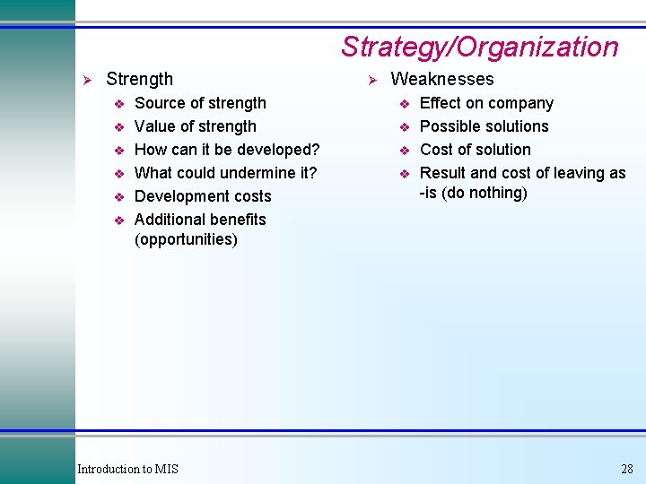 Strategy/Organization Ø Strength v v v Source of strength Value of strength How can