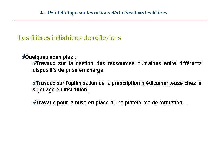 4 – Point d’étape sur les actions déclinées dans les filières Les filières initiatrices