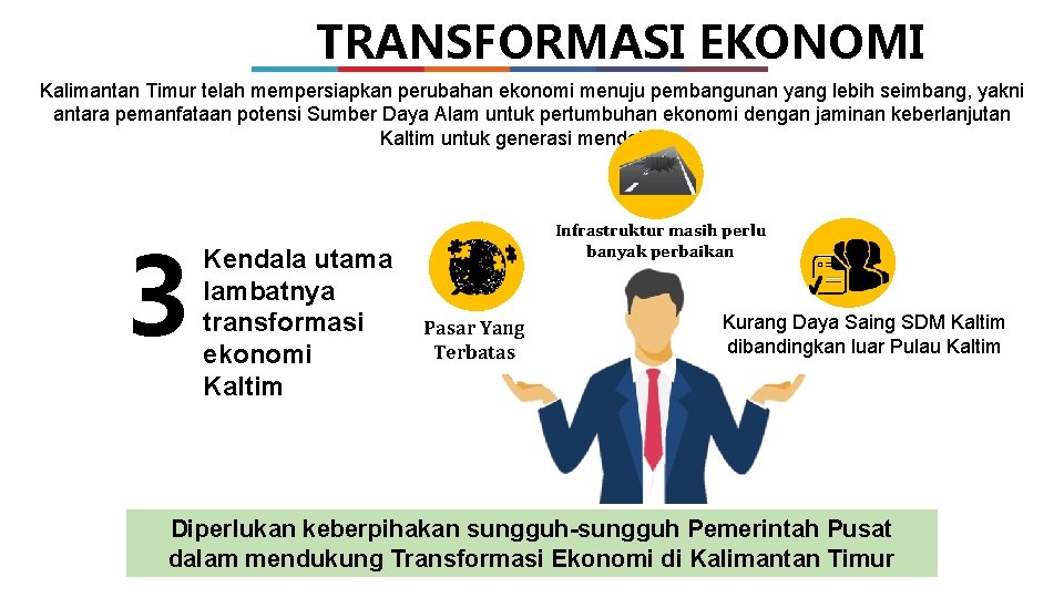 TRANSFORMASI EKONOMI Kalimantan Timur telah mempersiapkan perubahan ekonomi menuju pembangunan yang lebih seimbang, yakni