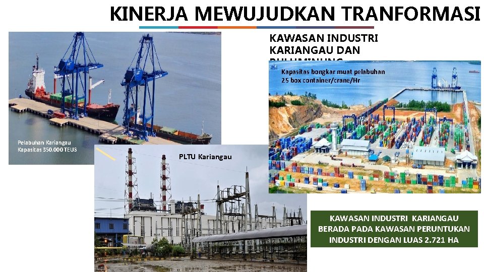 KINERJA MEWUJUDKAN TRANFORMASI KAWASAN INDUSTRI KARIANGAU DAN BULUMINUNG Kapasitas bongkar muat pelabuhan 25 box