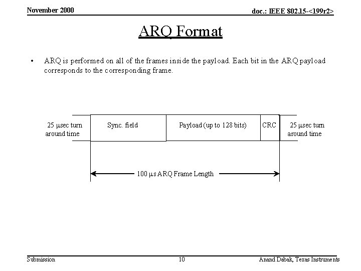 November 2000 doc. : IEEE 802. 15 -<199 r 2> ARQ Format • ARQ
