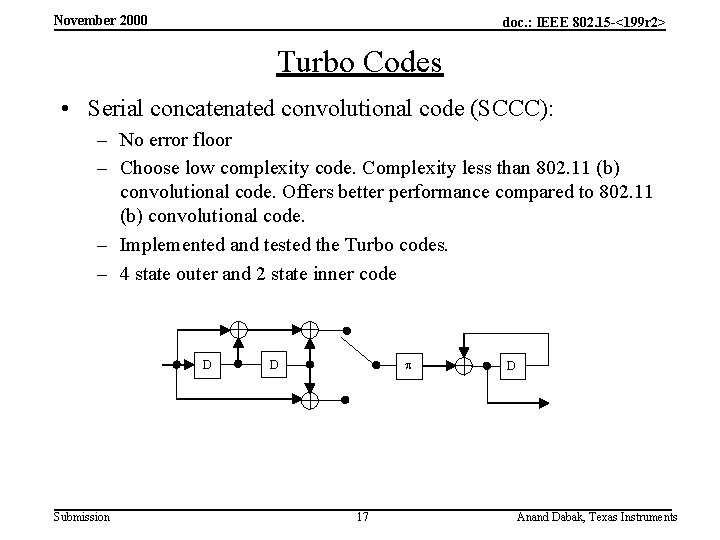 November 2000 doc. : IEEE 802. 15 -<199 r 2> Turbo Codes • Serial