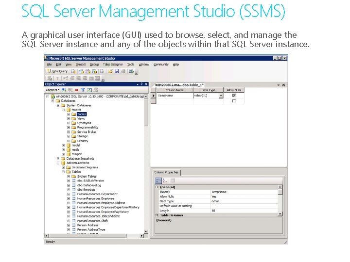 SQL Server Management Studio (SSMS) A graphical user interface (GUI) used to browse, select,