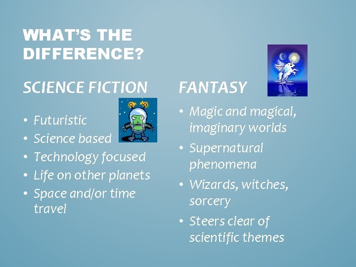 WHAT’S THE DIFFERENCE? SCIENCE FICTION • • • Futuristic Science based Technology focused Life