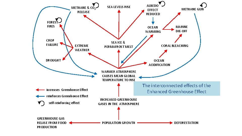 METHANE & CO 2 RELEASE SEA LEVELS RISE FOREST FIRES CROP FAILURE ALBEDO EFFECT