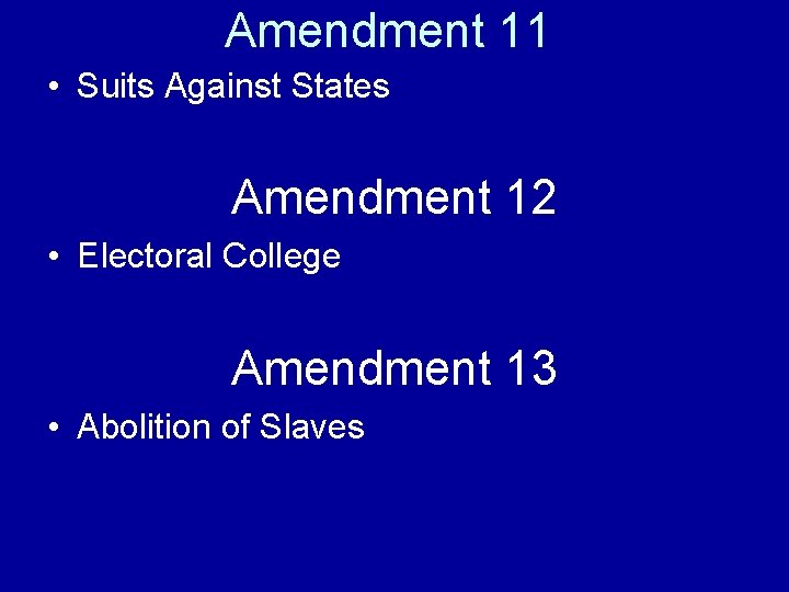 Amendment 11 • Suits Against States Amendment 12 • Electoral College Amendment 13 •