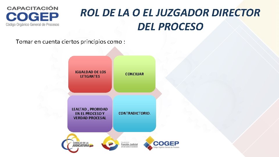 ROL DE LA O EL JUZGADOR DIRECTOR DEL PROCESO Tomar en cuenta ciertos principios