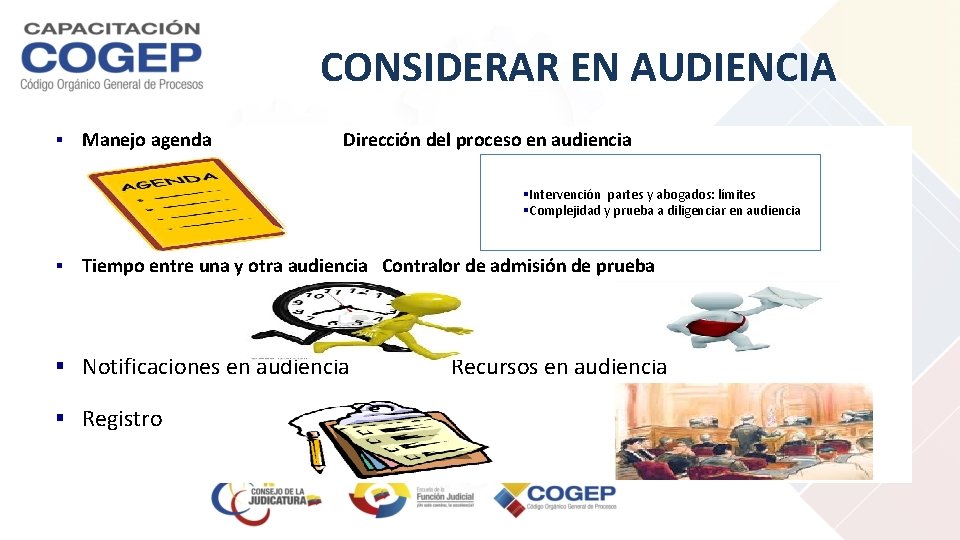 CONSIDERAR EN AUDIENCIA § Manejo agenda Dirección del proceso en audiencia §Intervención partes y