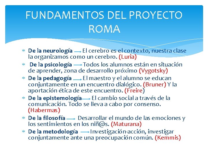 FUNDAMENTOS DEL PROYECTO ROMA De la neurología El cerebro es el contexto, nuestra clase