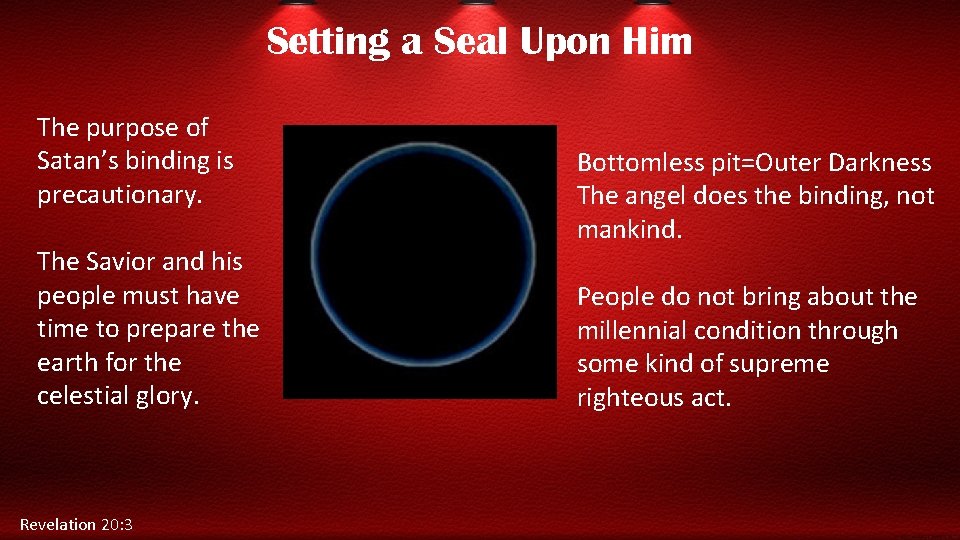 Setting a Seal Upon Him The purpose of Satan’s binding is precautionary. The Savior