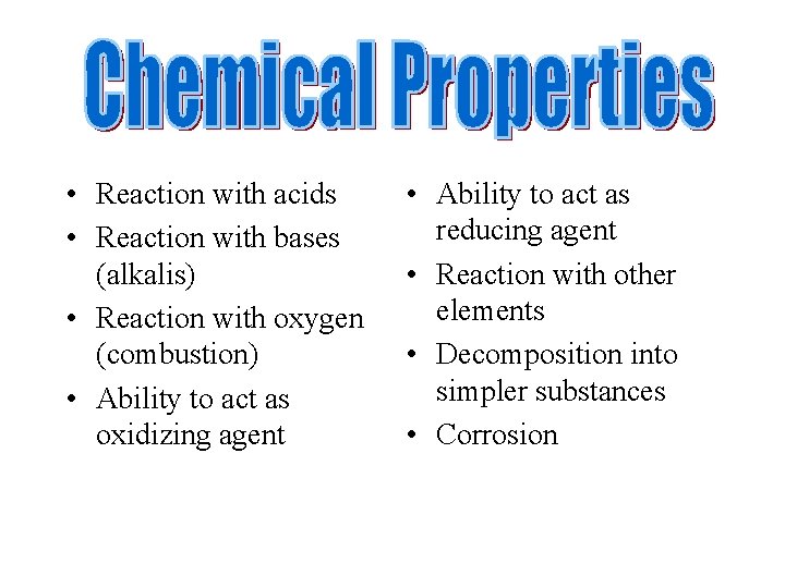  • Reaction with acids • Reaction with bases (alkalis) • Reaction with oxygen