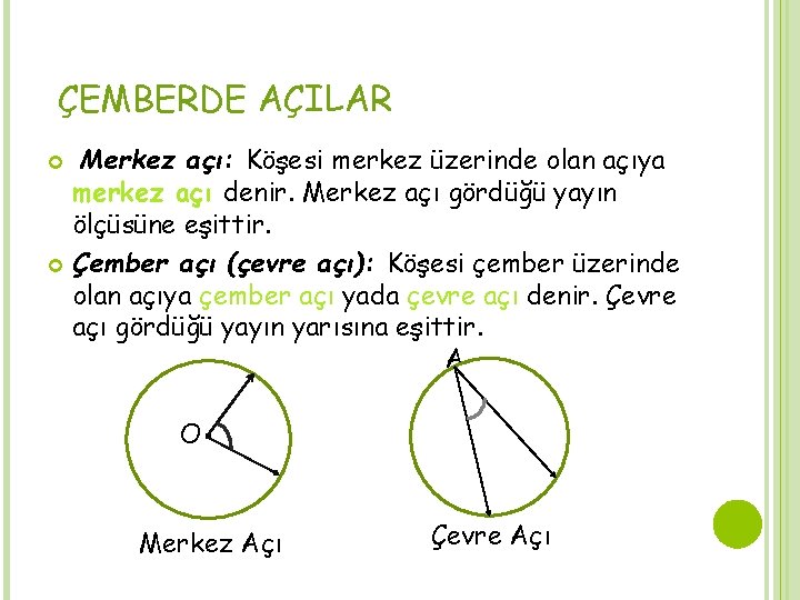 ÇEMBERDE AÇILAR Merkez açı: Köşesi merkez üzerinde olan açıya merkez açı denir. Merkez açı