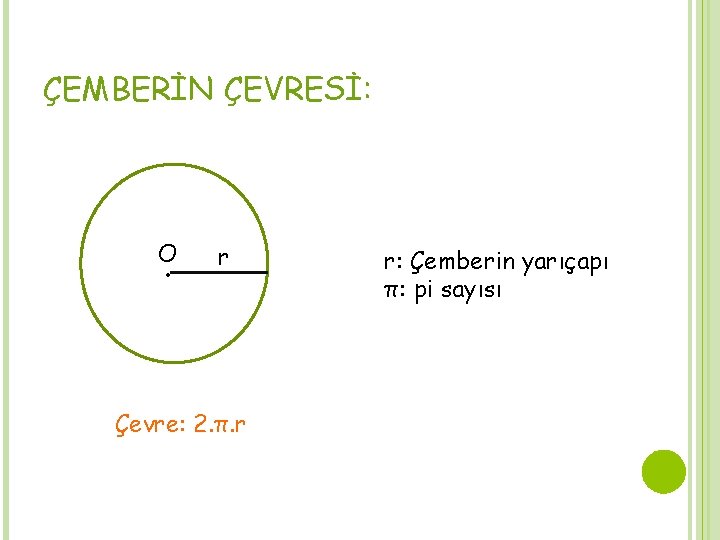 ÇEMBERİN ÇEVRESİ: O . r Çevre: 2. π. r r: Çemberin yarıçapı π: pi